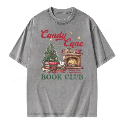 Pagewings Candy Cane Christmas Book Club Unisex Washed T-shirt