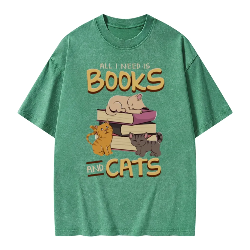 Pagewings All I Need Is Books And Cats Unisex Washed T-shirt