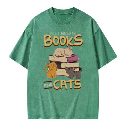 Pagewings All I Need Is Books And Cats Unisex Washed T-shirt