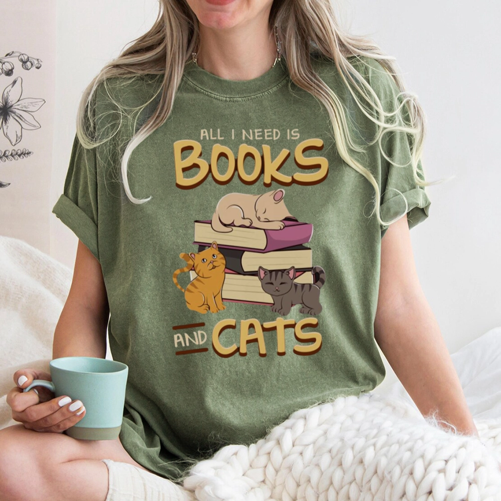 Pagewings All I Need Is Books And Cats Unisex Washed T-shirt