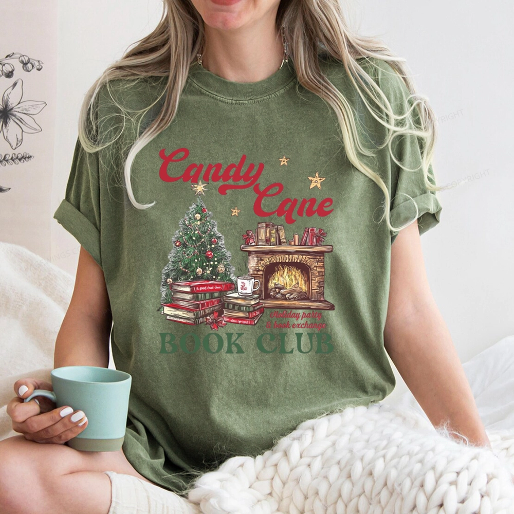 Pagewings Candy Cane Christmas Book Club Unisex Washed T-shirt