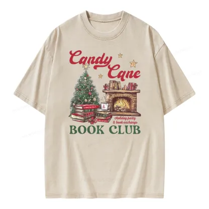 Pagewings Candy Cane Christmas Book Club Unisex Washed T-shirt