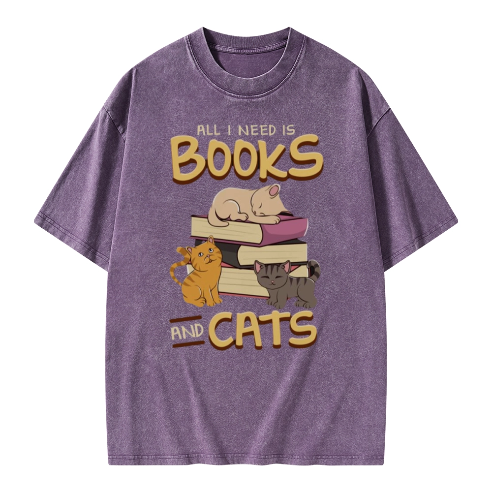 Pagewings All I Need Is Books And Cats Unisex Washed T-shirt