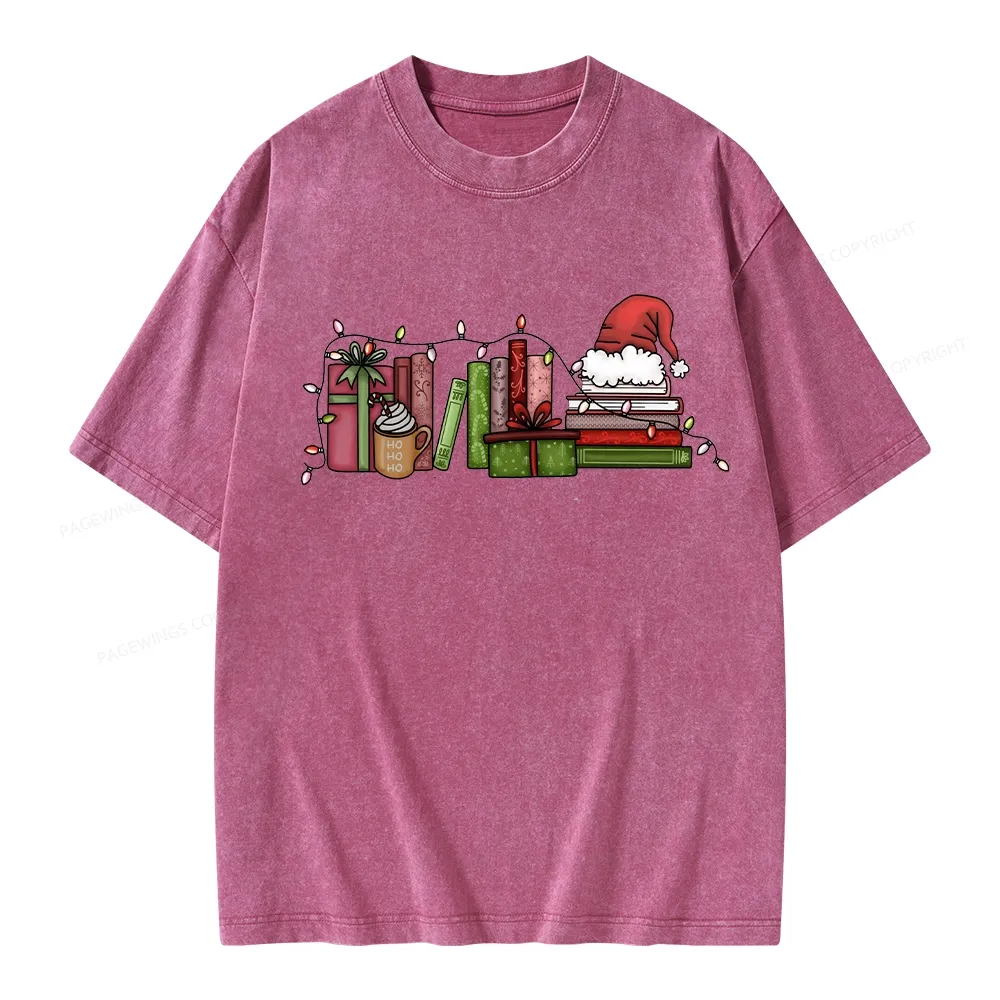 Pagewings Holiday Bookshelf Christmas Unisex Washed T-shirt