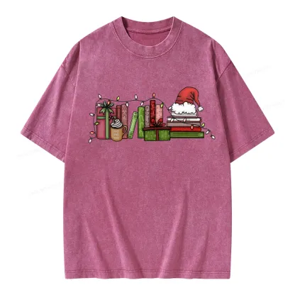 Pagewings Holiday Bookshelf Christmas Unisex Washed T-shirt