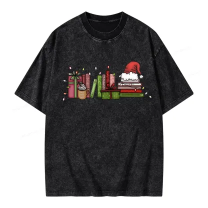 Pagewings Holiday Bookshelf Christmas Unisex Washed T-shirt