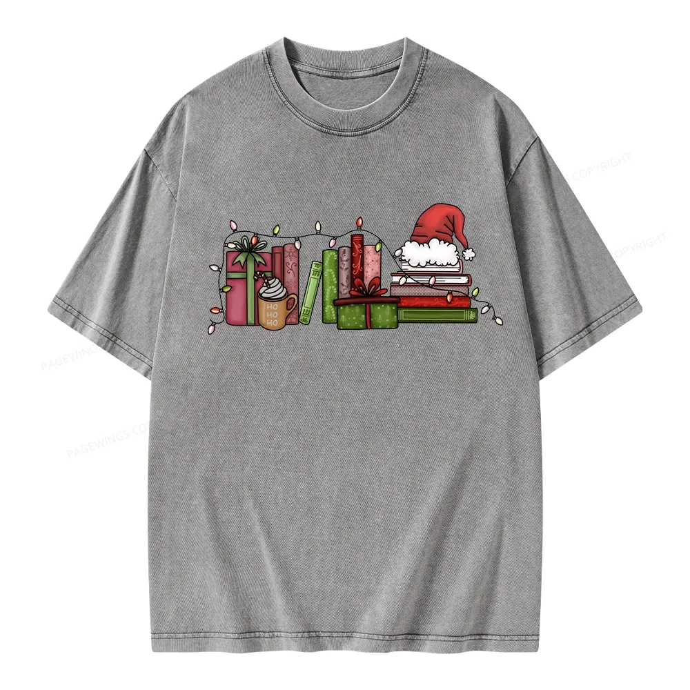 Pagewings Holiday Bookshelf Christmas Unisex Washed T-shirt