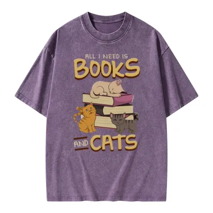 Pagewings All I Need Is Books And Cats Unisex Washed T-shirt