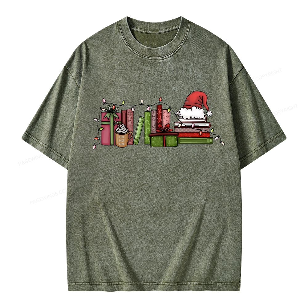 Pagewings Holiday Bookshelf Christmas Unisex Washed T-shirt