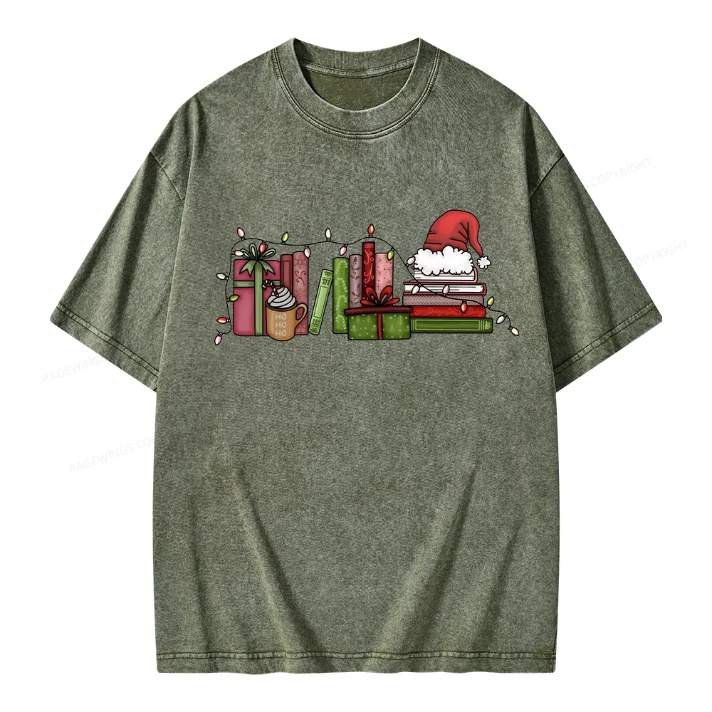 Pagewings Holiday Bookshelf Christmas Unisex Washed T-shirt
