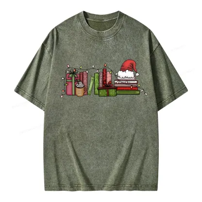 Pagewings Holiday Bookshelf Christmas Unisex Washed T-shirt