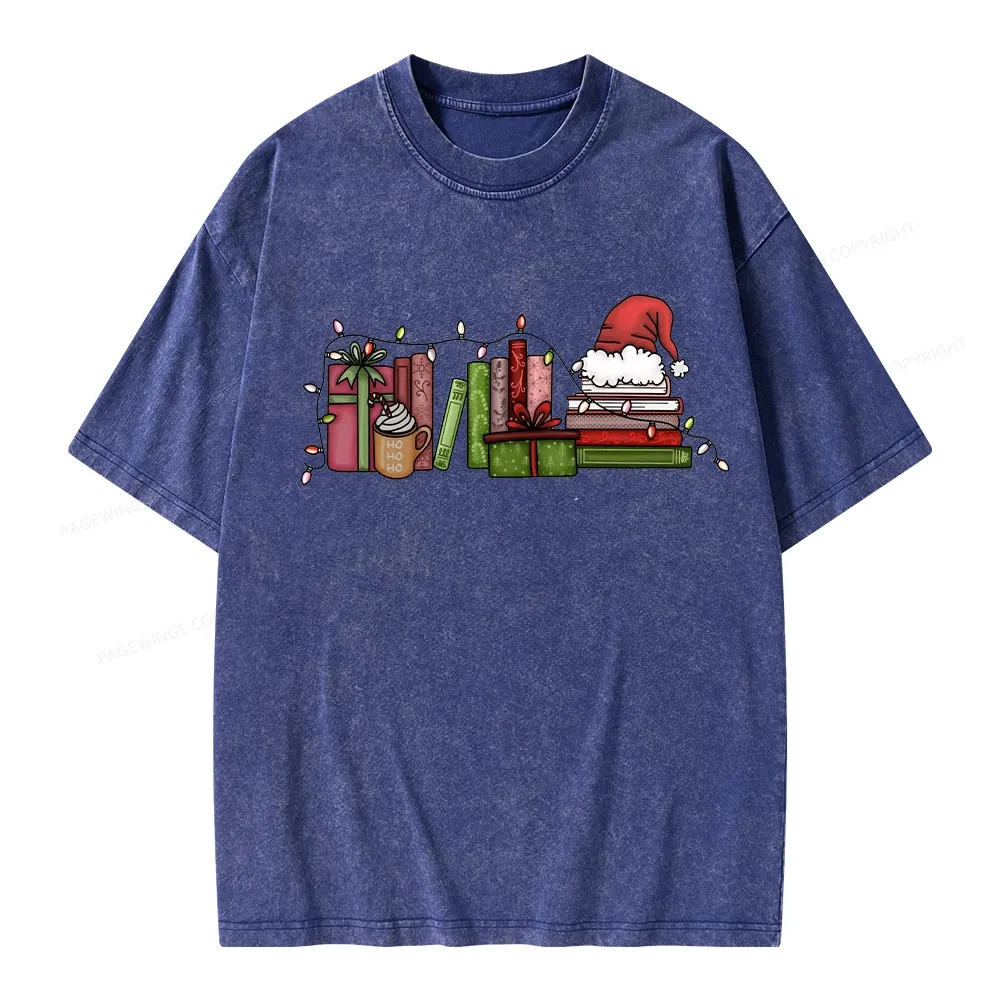 Pagewings Holiday Bookshelf Christmas Unisex Washed T-shirt
