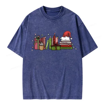 Pagewings Holiday Bookshelf Christmas Unisex Washed T-shirt