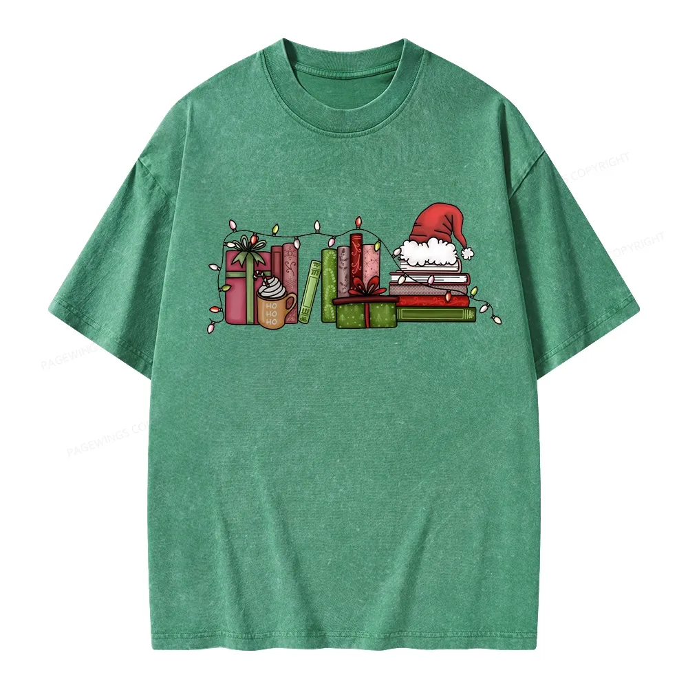 Pagewings Holiday Bookshelf Christmas Unisex Washed T-shirt