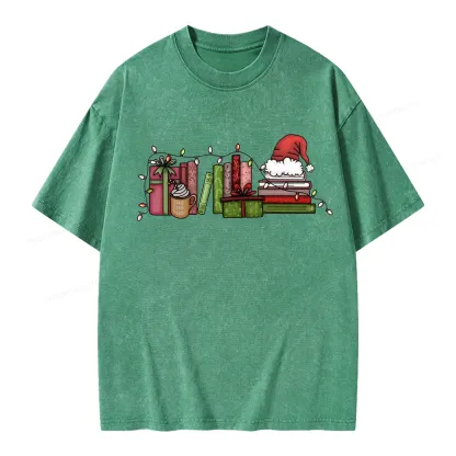 Pagewings Holiday Bookshelf Christmas Unisex Washed T-shirt