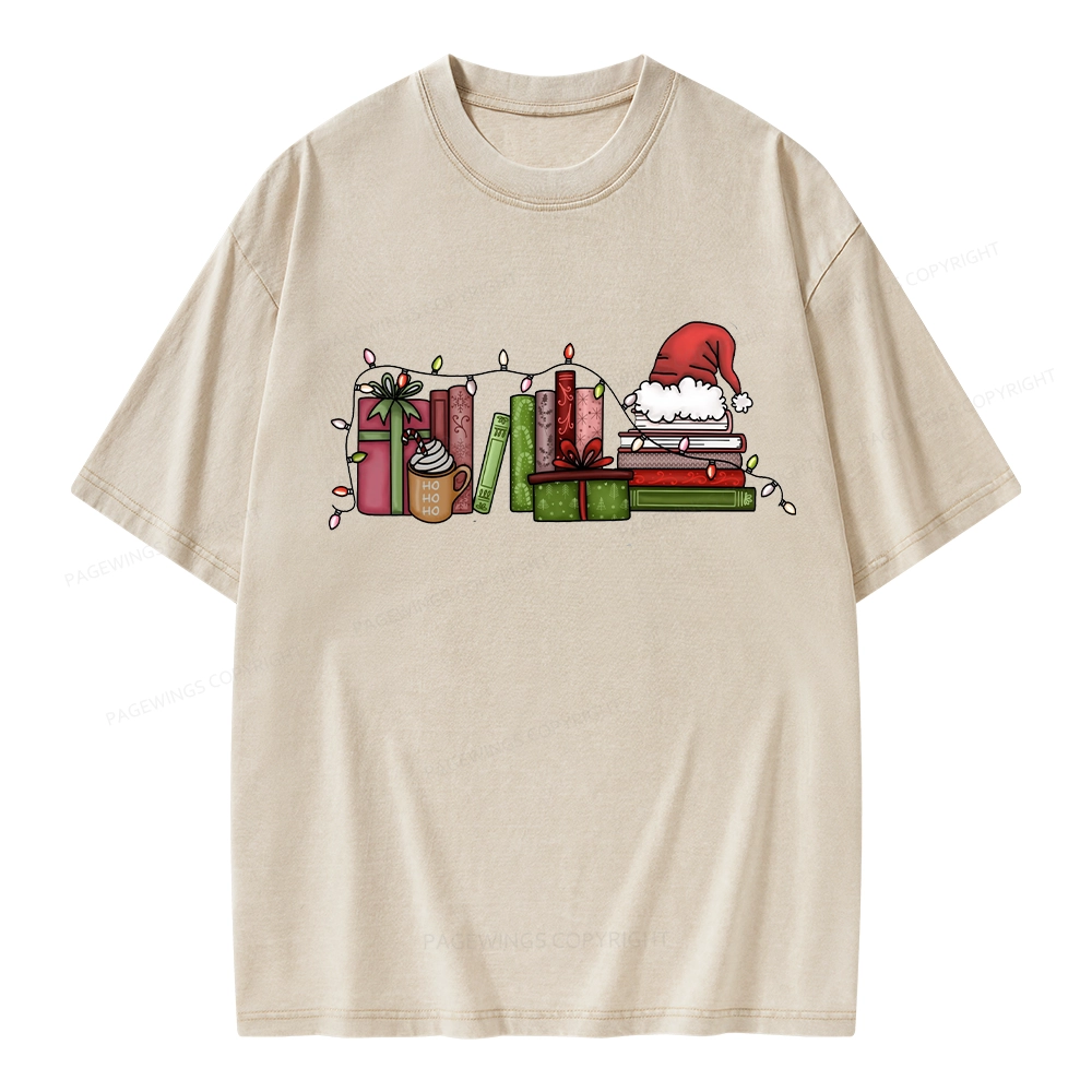 Pagewings Holiday Bookshelf Christmas Unisex Washed T-shirt
