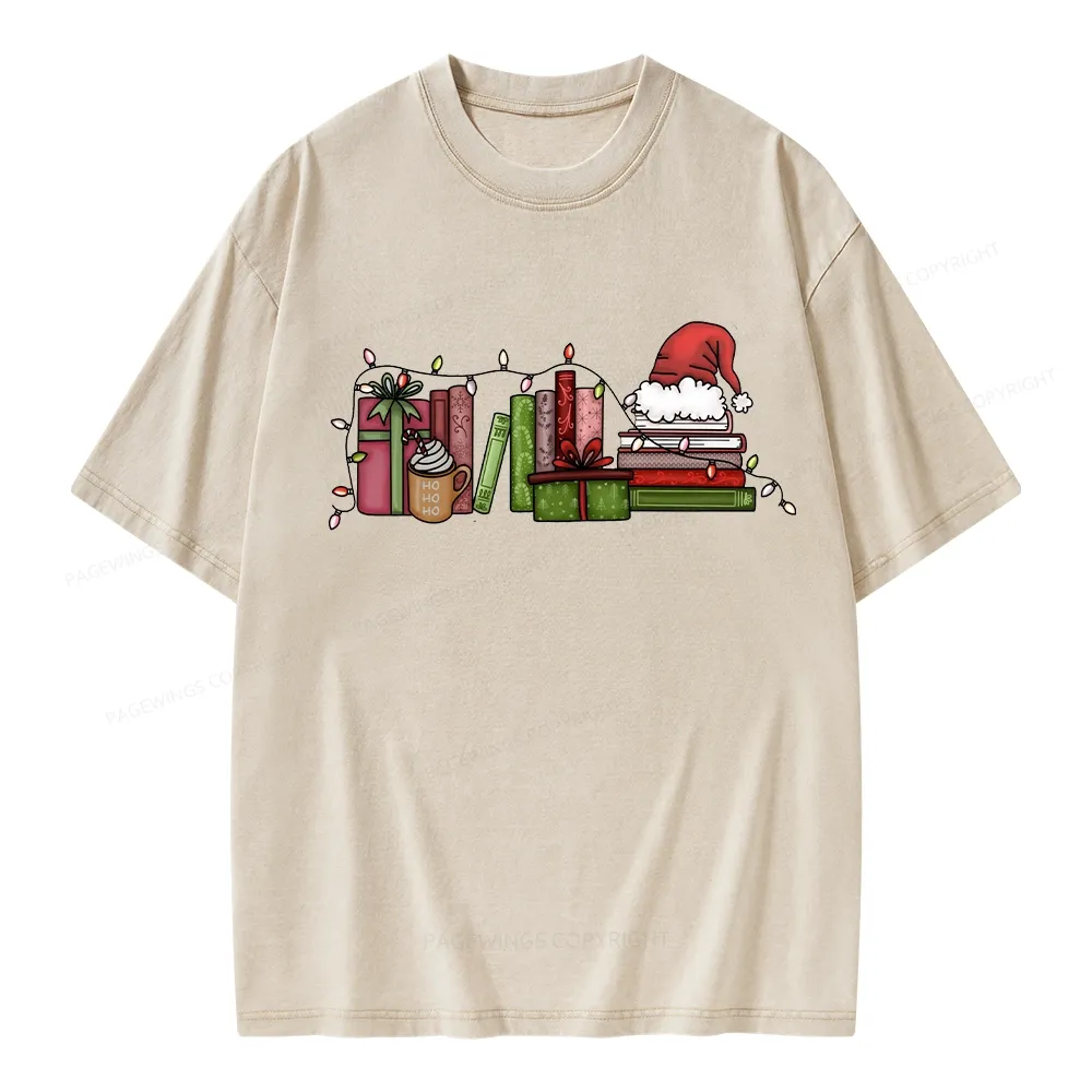 Pagewings Holiday Bookshelf Christmas Unisex Washed T-shirt