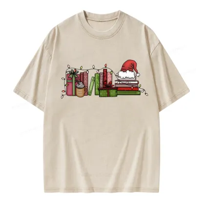 Pagewings Holiday Bookshelf Christmas Unisex Washed T-shirt