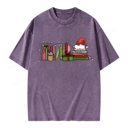Pagewings Holiday Bookshelf Christmas Unisex Washed T-shirt