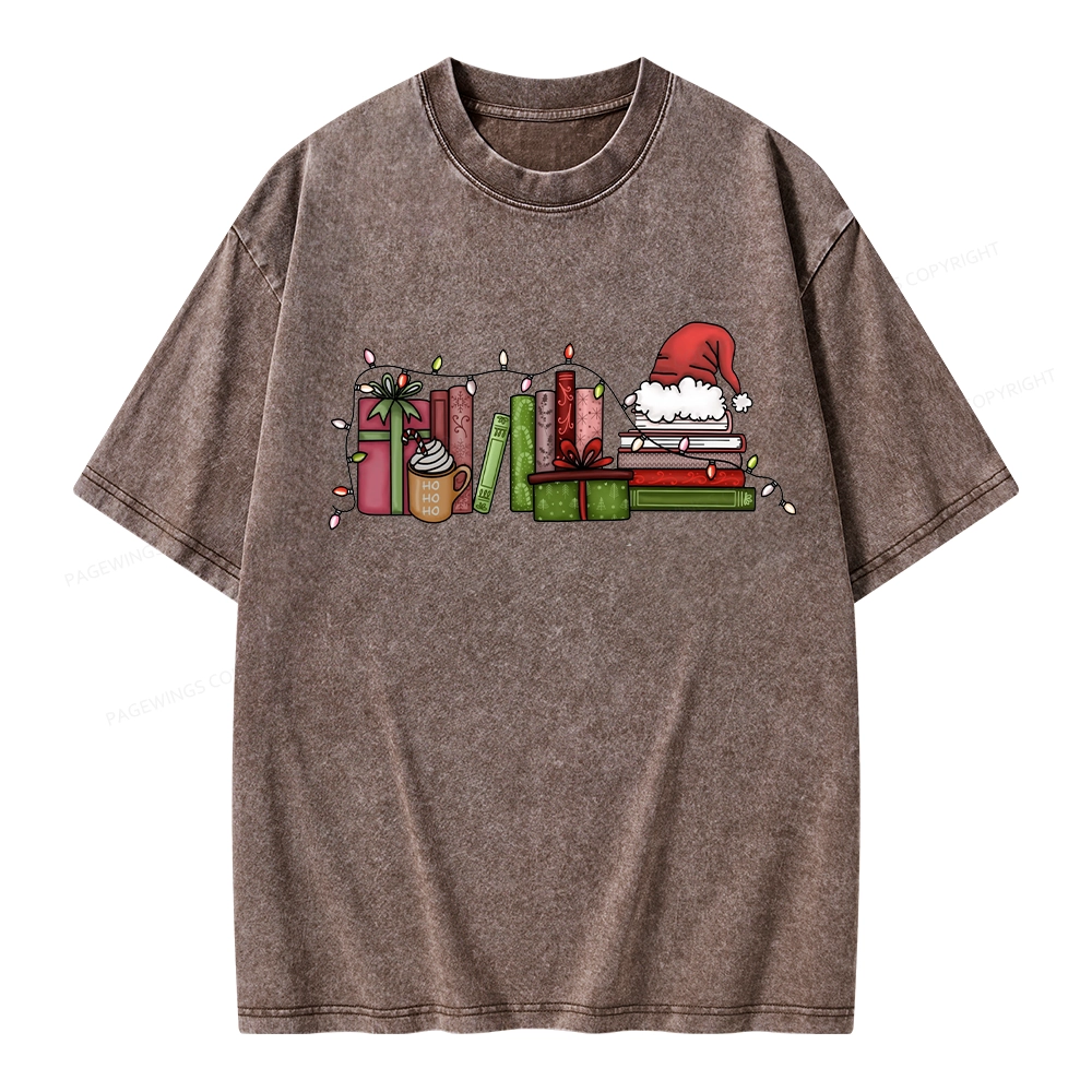 Pagewings Holiday Bookshelf Christmas Unisex Washed T-shirt