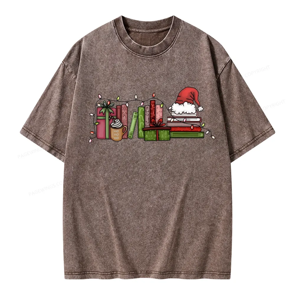 Pagewings Holiday Bookshelf Christmas Unisex Washed T-shirt
