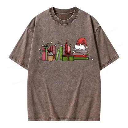 Pagewings Holiday Bookshelf Christmas Unisex Washed T-shirt