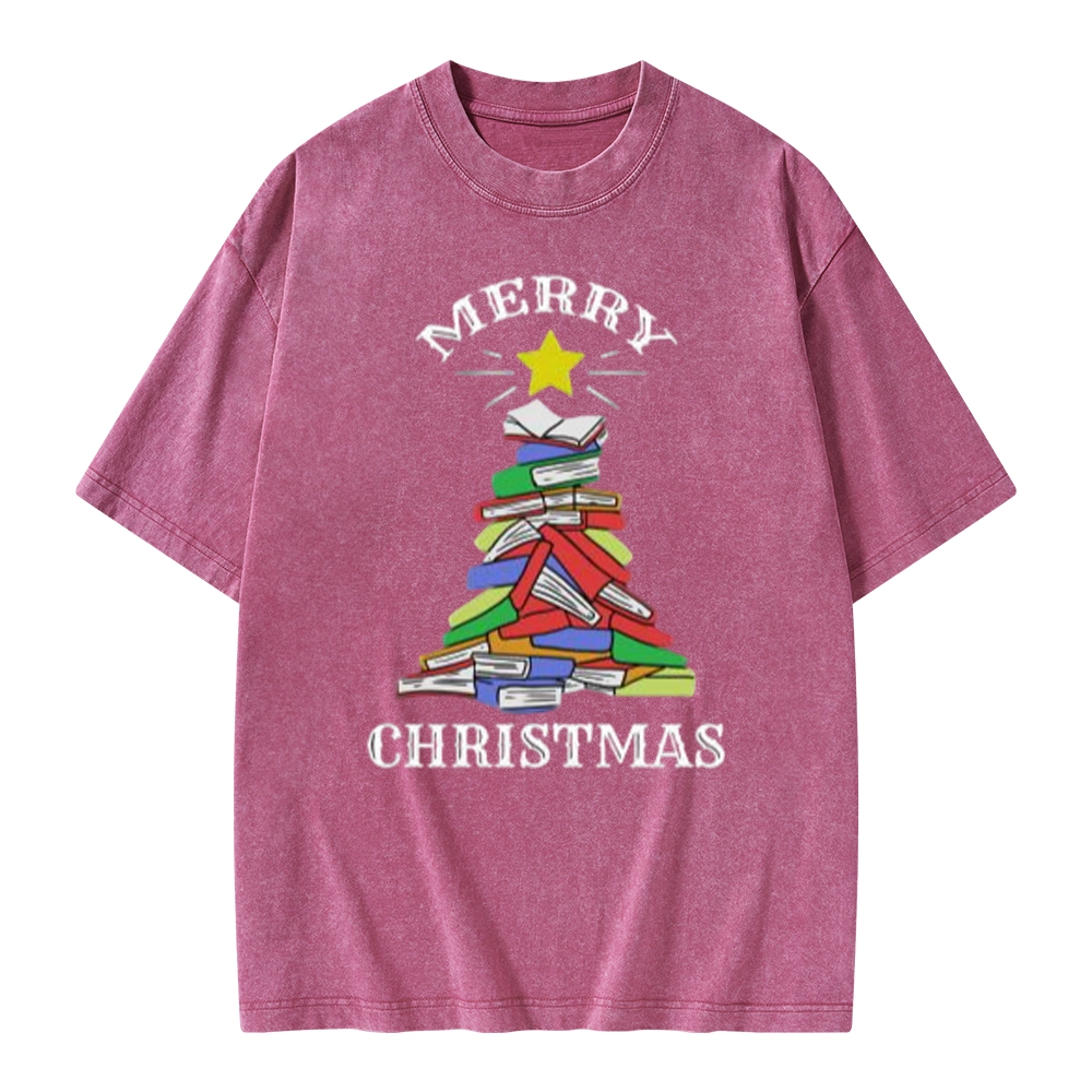 Pagewings Merry Christmas Book Tree Unisex Washed T-shirt