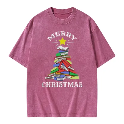 Pagewings Merry Christmas Book Tree Unisex Washed T-shirt