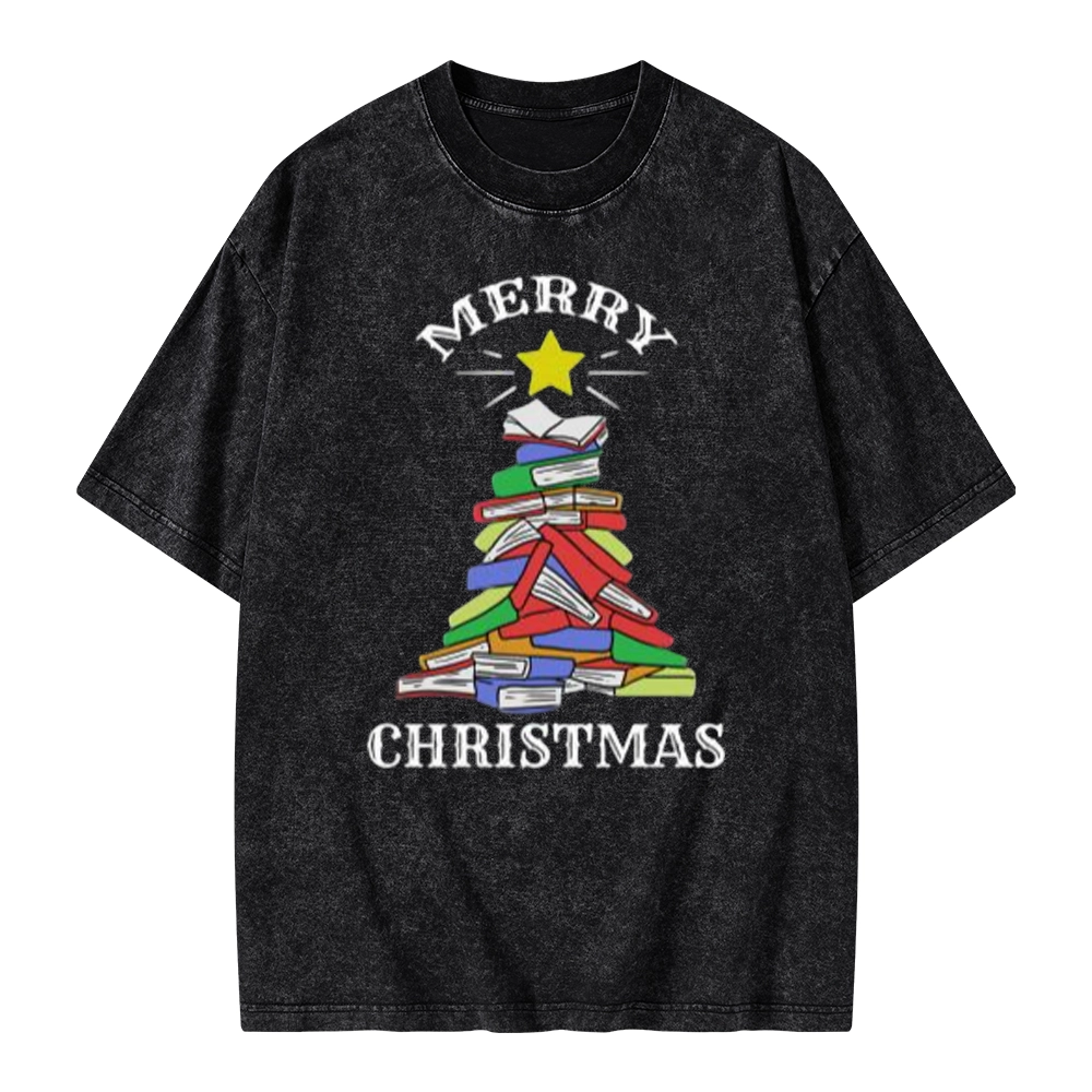 Pagewings Merry Christmas Book Tree Unisex Washed T-shirt