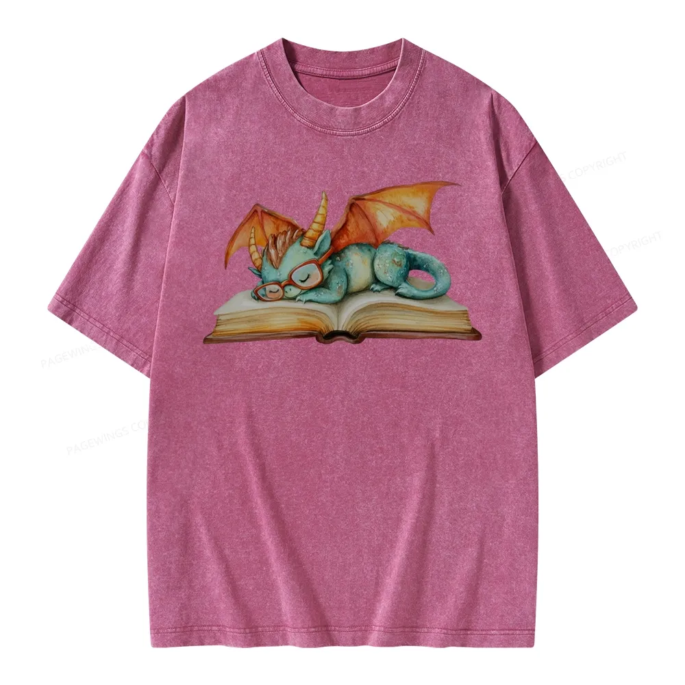 Pagewings Cute Green Dragon Sleeping Peacefully On A Large Open Book Unisex Washed T-shirt