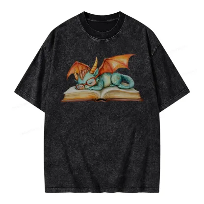 Pagewings Cute Green Dragon Sleeping Peacefully On A Large Open Book Unisex Washed T-shirt