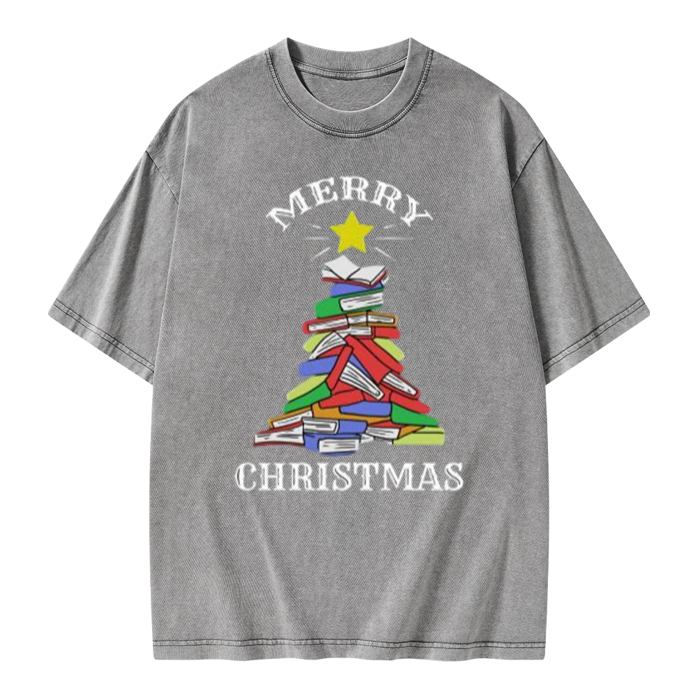 Pagewings Merry Christmas Book Tree Unisex Washed T-shirt