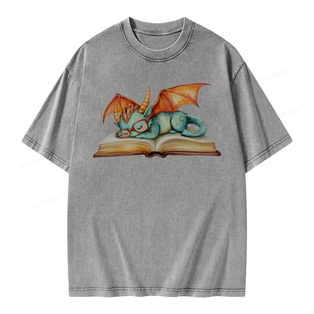 Pagewings Cute Green Dragon Sleeping Peacefully On A Large Open Book Unisex Washed T-shirt