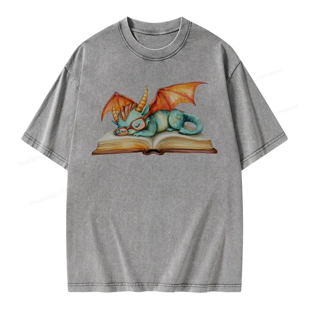 Pagewings Cute Green Dragon Sleeping Peacefully On A Large Open Book Unisex Washed T-shirt