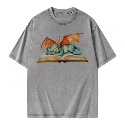 Pagewings Cute Green Dragon Sleeping Peacefully On A Large Open Book Unisex Washed T-shirt
