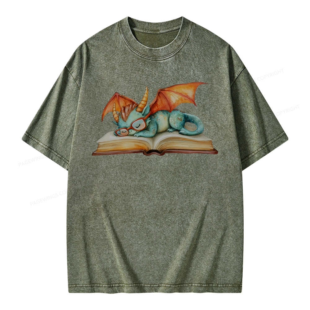 Pagewings Cute Green Dragon Sleeping Peacefully On A Large Open Book Unisex Washed T-shirt