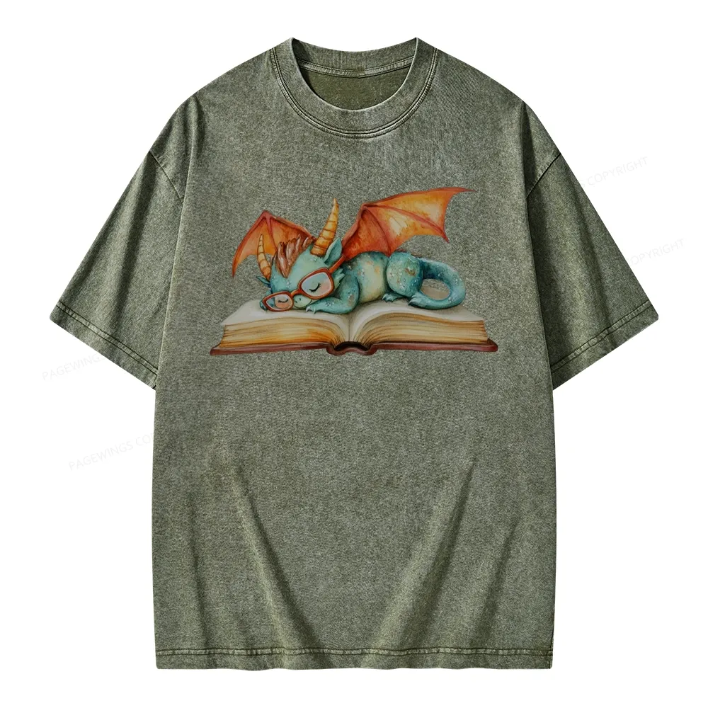 Pagewings Cute Green Dragon Sleeping Peacefully On A Large Open Book Unisex Washed T-shirt