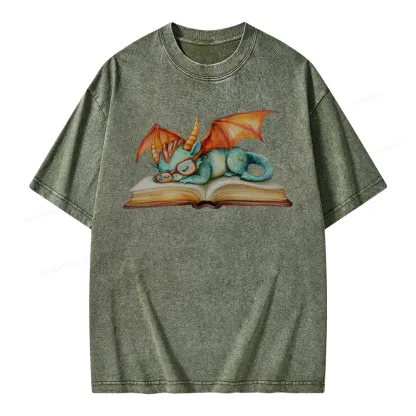 Pagewings Cute Green Dragon Sleeping Peacefully On A Large Open Book Unisex Washed T-shirt