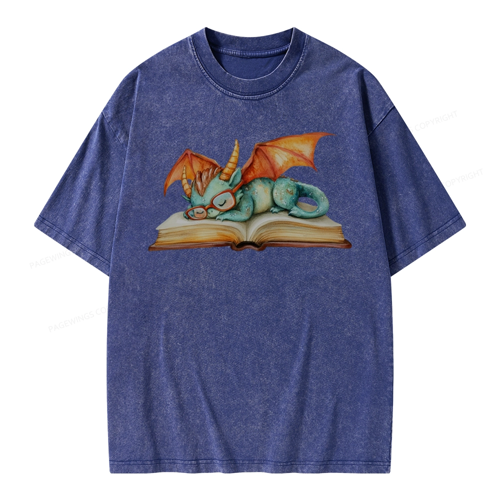 Pagewings Cute Green Dragon Sleeping Peacefully On A Large Open Book Unisex Washed T-shirt