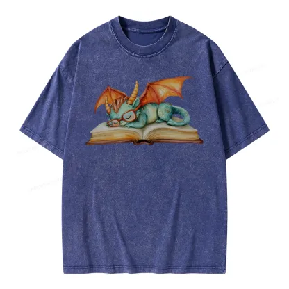 Pagewings Cute Green Dragon Sleeping Peacefully On A Large Open Book Unisex Washed T-shirt