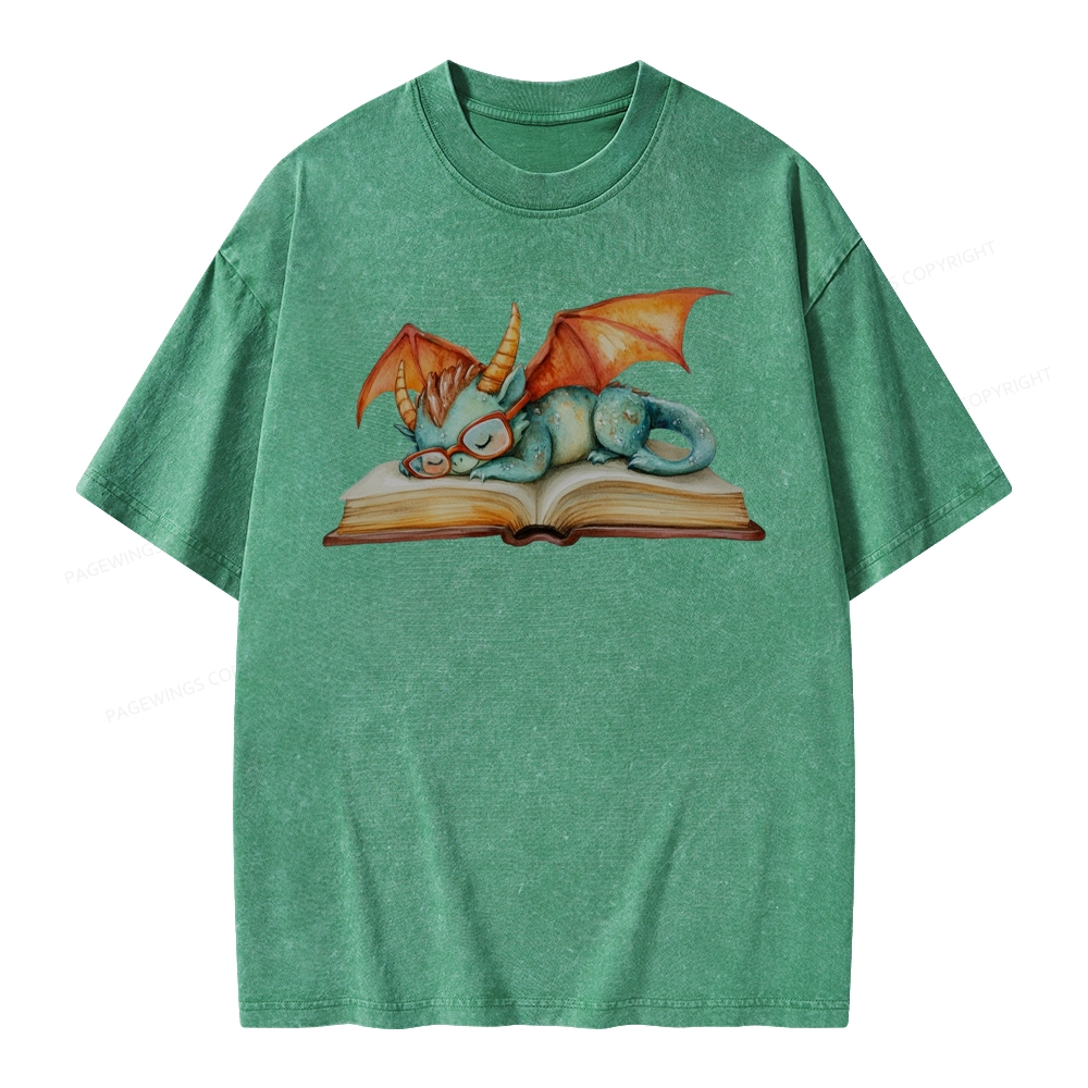 Pagewings Cute Green Dragon Sleeping Peacefully On A Large Open Book Unisex Washed T-shirt