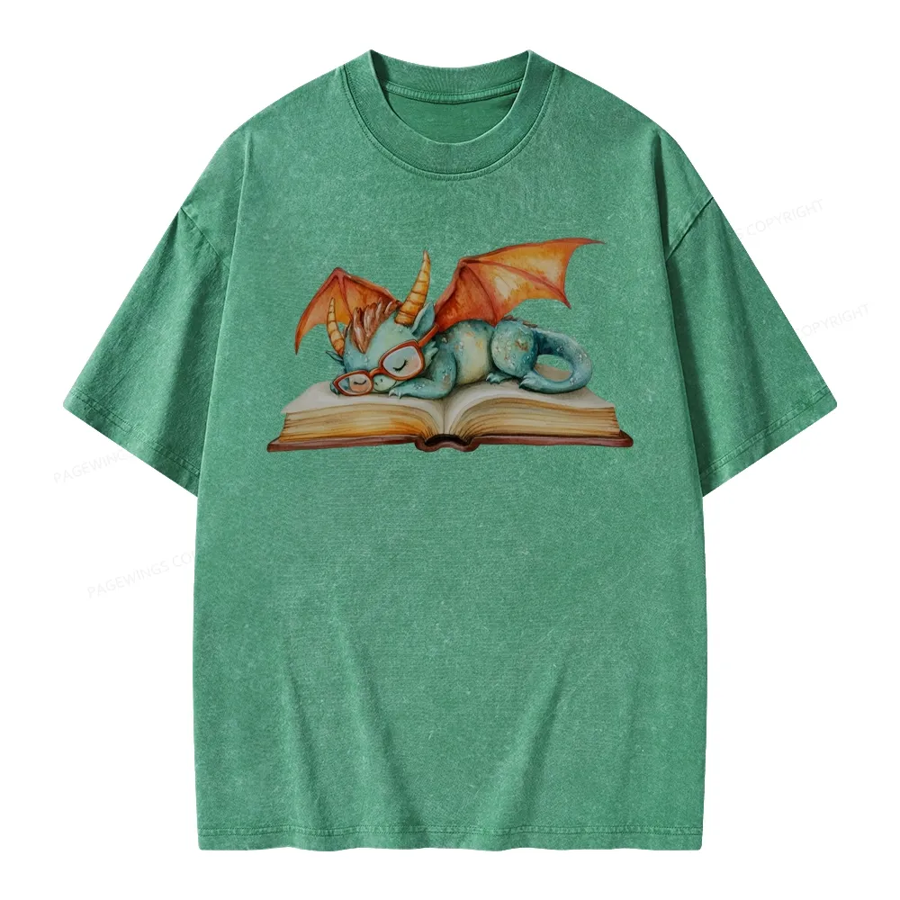 Pagewings Cute Green Dragon Sleeping Peacefully On A Large Open Book Unisex Washed T-shirt