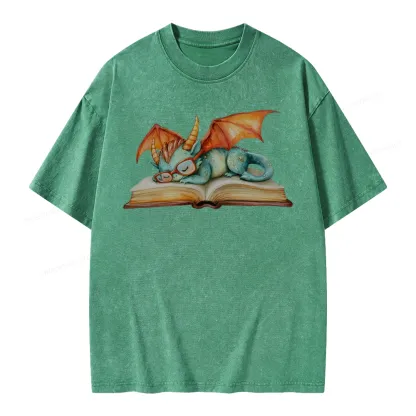 Pagewings Cute Green Dragon Sleeping Peacefully On A Large Open Book Unisex Washed T-shirt