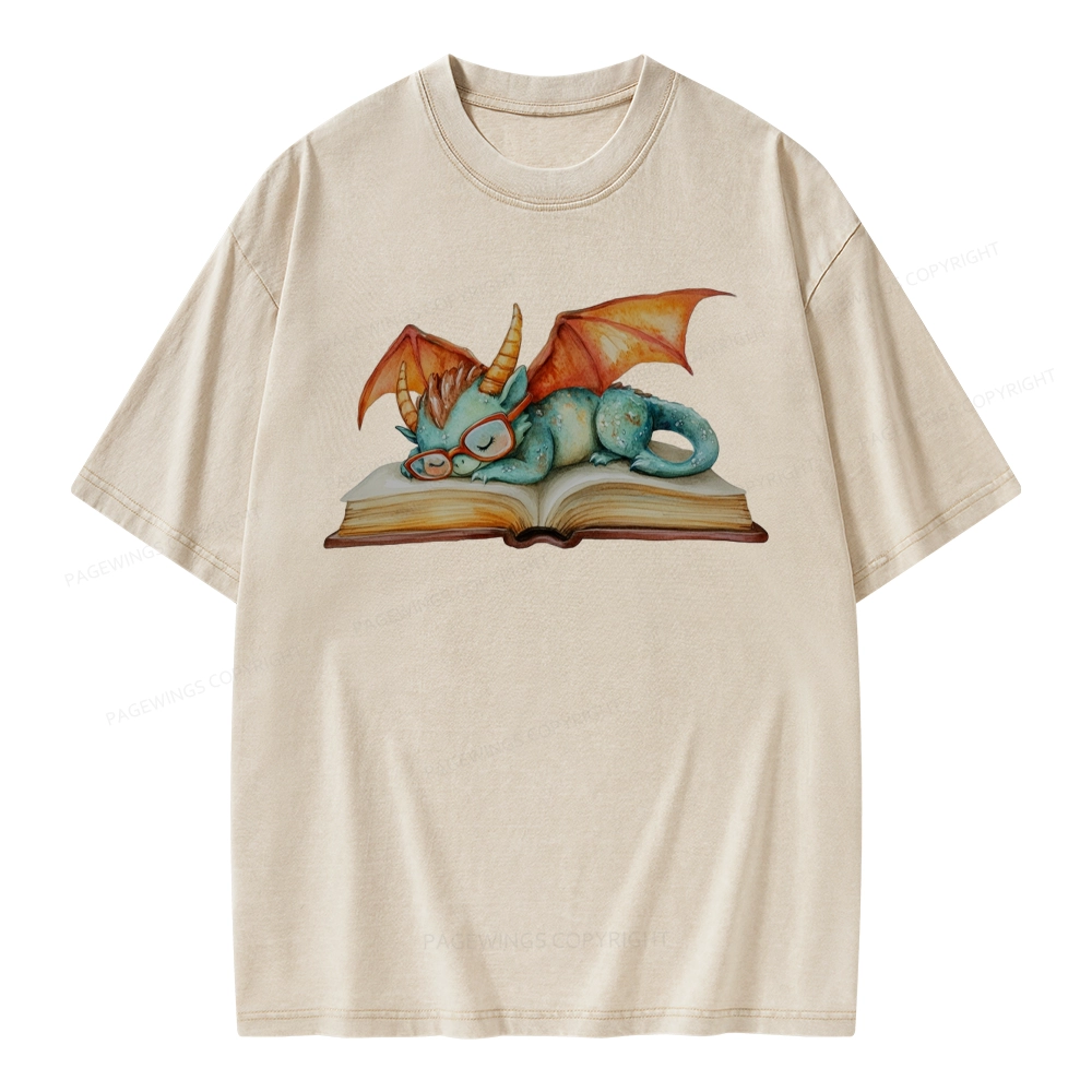 Pagewings Cute Green Dragon Sleeping Peacefully On A Large Open Book Unisex Washed T-shirt