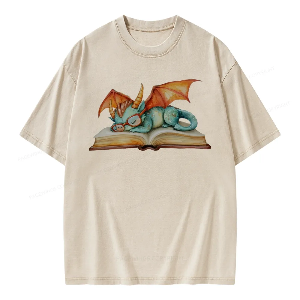 Pagewings Cute Green Dragon Sleeping Peacefully On A Large Open Book Unisex Washed T-shirt
