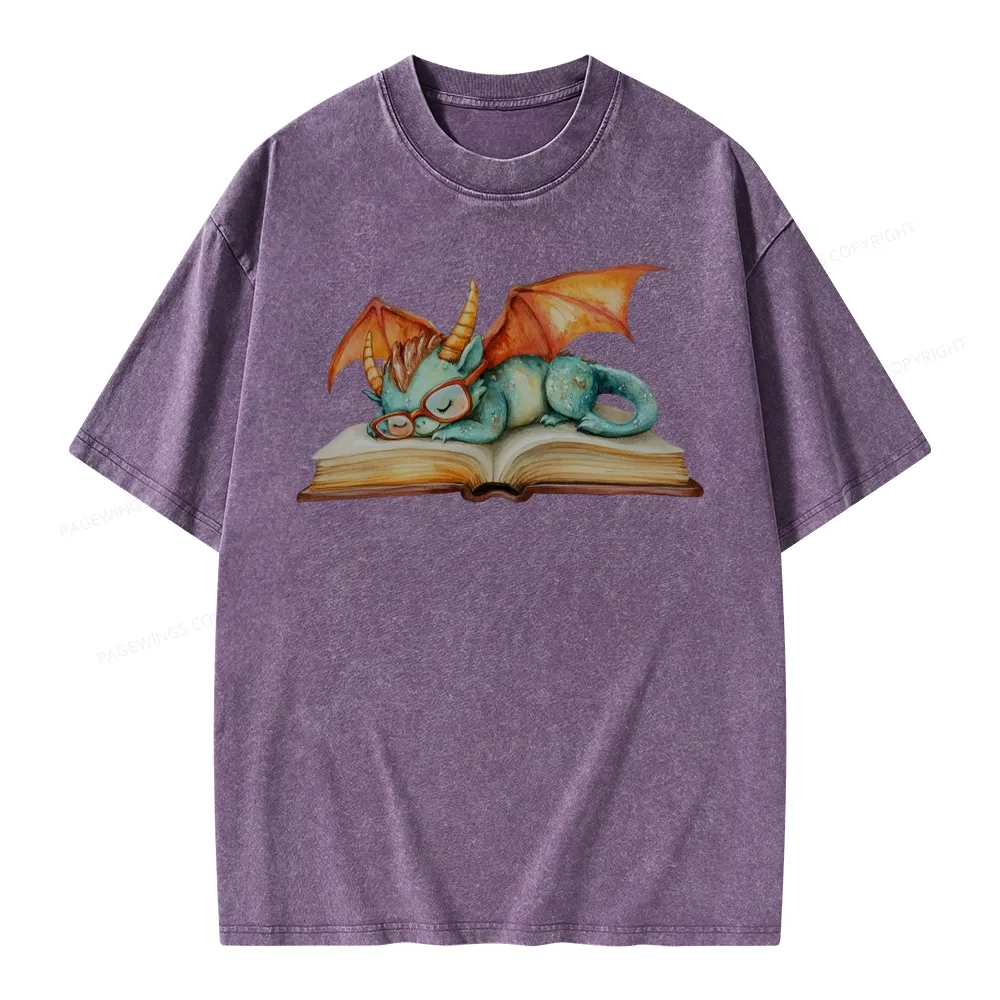 Pagewings Cute Green Dragon Sleeping Peacefully On A Large Open Book Unisex Washed T-shirt