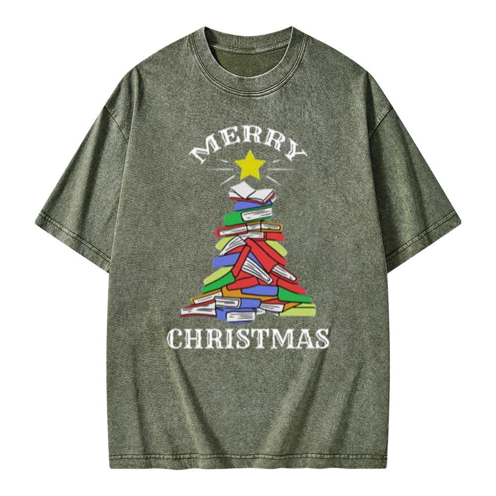 Pagewings Merry Christmas Book Tree Unisex Washed T-shirt