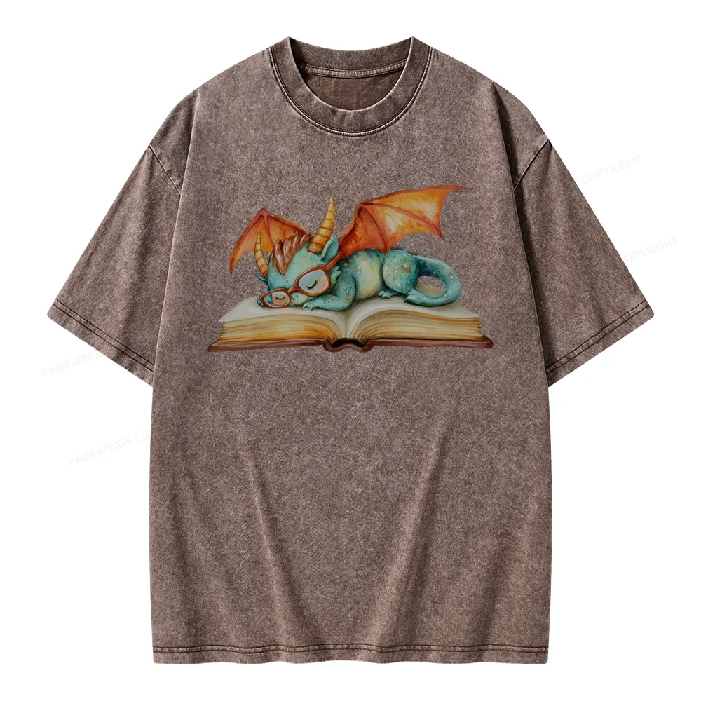 Pagewings Cute Green Dragon Sleeping Peacefully On A Large Open Book Unisex Washed T-shirt