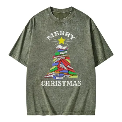 Pagewings Merry Christmas Book Tree Unisex Washed T-shirt