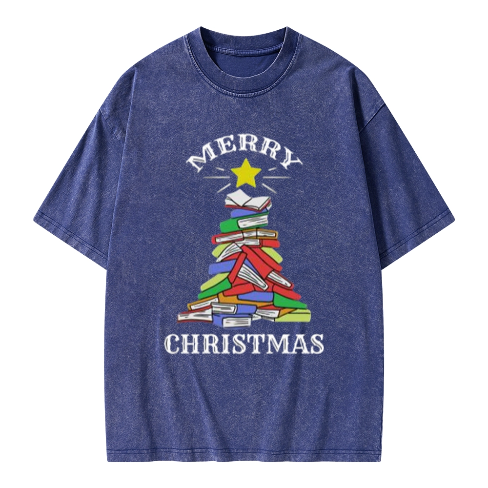 Pagewings Merry Christmas Book Tree Unisex Washed T-shirt